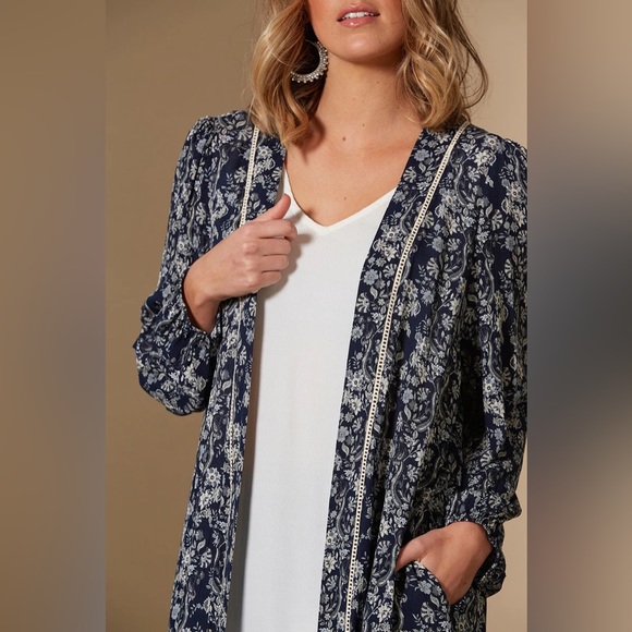 Blue Floral Longline Kimono Duster Jacket NWT - Picture 4 of 11